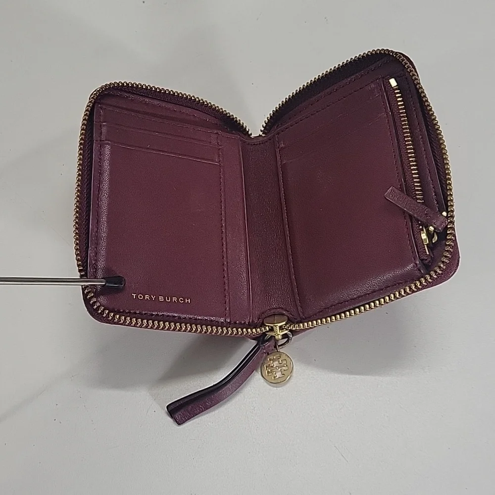 Tory Burch Burgundy Quilted Diamond Zip Wallet